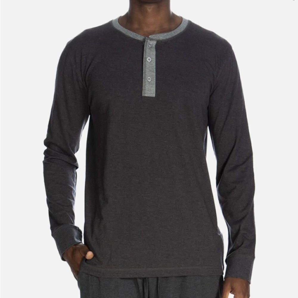 Unsimply Stitched Lounge Henley Pajama Longsleeve Shirt Grey with Black Piping M